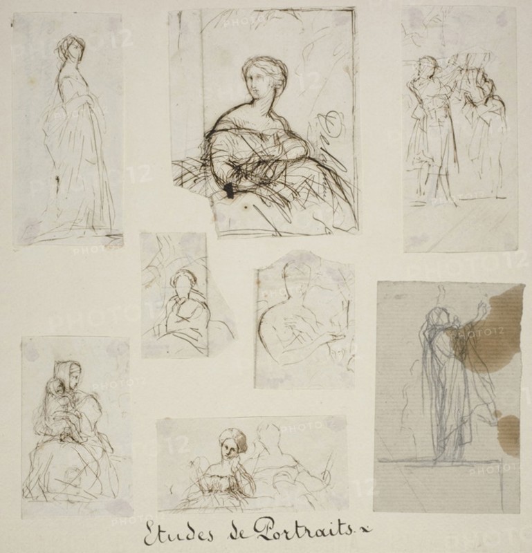 Group of Portrait and Compositional Studies, n.d., Jules-Élie Delaunay, French, 1828-1891, France, Pen and ink and graphite on paper, 105 × 50 mm (upper left), 105 × 85 mm (upper center), 112 × 52 mm (upper right), 57 × 45 mm (center left), 64 × 46 mm (center right), 83 × 51 mm (lower left), 43 × 87 mm (lower center), 104 × 66 mm (lower right)