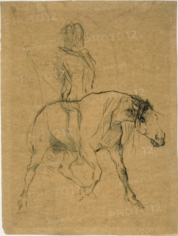 Study of a Horse and Rider, c. 1874, Jules-Élie Delaunay, French, 1828-1891, France, Charcoal, with touches of gouache, on tan China paper, 210 × 153 mm