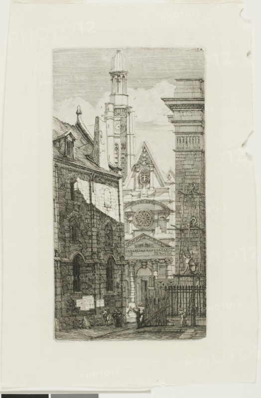Church of St. Etienne du Mont, Paris, 1852, Charles Meryon, French, 1821-1868, France, Etching on ivory wove chine, laid down on ivory laid paper, 247 × 130 mm (image), 247 × 130 mm (plate), 247 × 130 mm (primary support), 321 × 213 mm (secondary support)