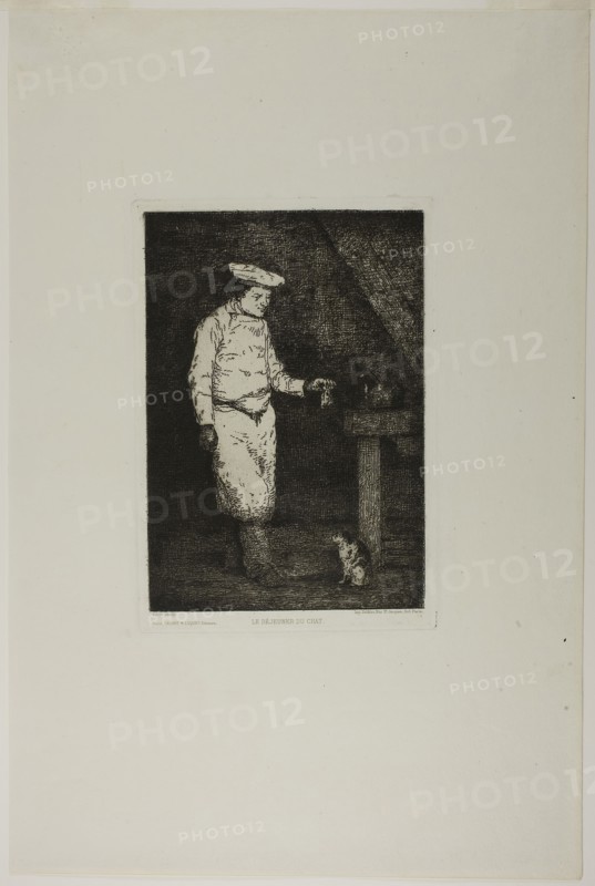 The Cat’s Lunch, c. 1863, Théodule Augustin Ribot (French, 1823-1891), printed by Auguste Delâtre (French, 1822-1907), published by Cadart & Luquet, Editeurs, France, Etching on ivory laid paper, 239 × 162 mm (image, incl. stray marks), 259 × 178 mm (plate), 519 × 346 mm (sheet)