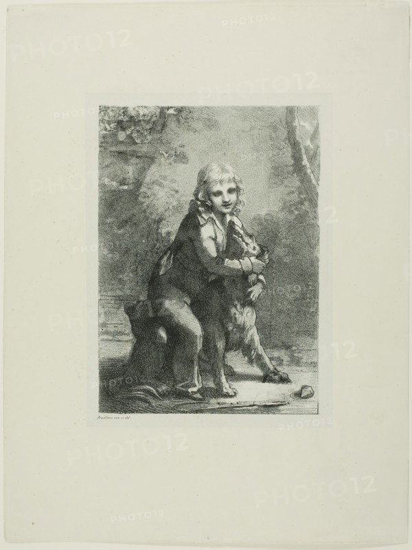 Boy with a Dog, c. 1822, Pierre-Paul Prud’hon, French, 1758-1823, France, Lithograph on ivory chine, laid down on cream wove paper, 203 × 146 mm (image), 220 × 163 mm (primary support), 354 × 267 mm (secondary support)