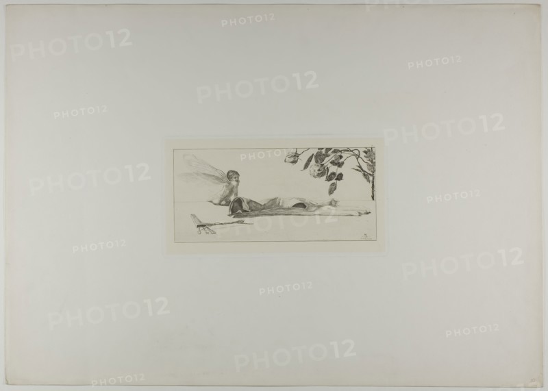 Cupid, plate ten from A Glove, 1881, Max Klinger, German, 1857-1920, Germany, Etching and aquatint on ivory chine collé on off-white wove paper, 109 x 237 mm (image), 142 x 266 mm (plate), 448 x 631 mm (sheet)
