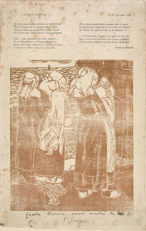 Three Breton Women with Infants, 1894, Armand Séguin (French, 1869-1904), inscribed by Paul Gauguin (French, 1848-1903), poem by Charles Morice (French, 1861-1919), France, Woodcut in brown ink with letterpress above on discolored ivory laid paper hinged to tan laid paper, 229 × 186 mm (image), 348 × 223 mm (sheet)