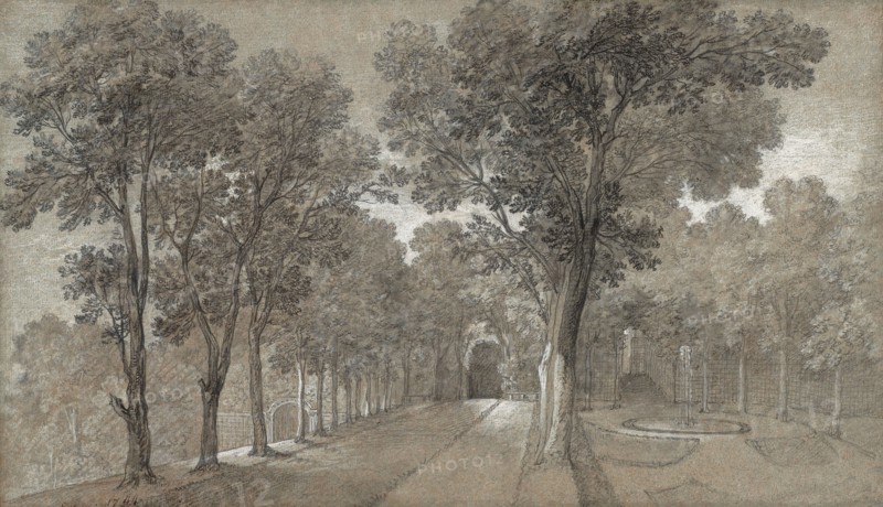 View of the Park at Arcueil, 1744, Jean-Baptiste Oudry, French, 1686-1755, France, Black chalk with white chalk and charcoal, on gray laid paper with blue fibers, laid down on cream card, 303 × 522 mm