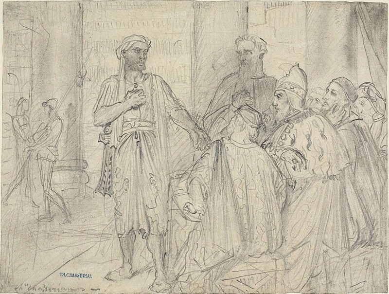 Othello’s Speech to the Senators of Venice, c. 1844, Théodore Chassériau, French, 1819-1856, France, Graphite on ivory wove paper, permeter mounted on cream laid paper, 220 × 290 mm