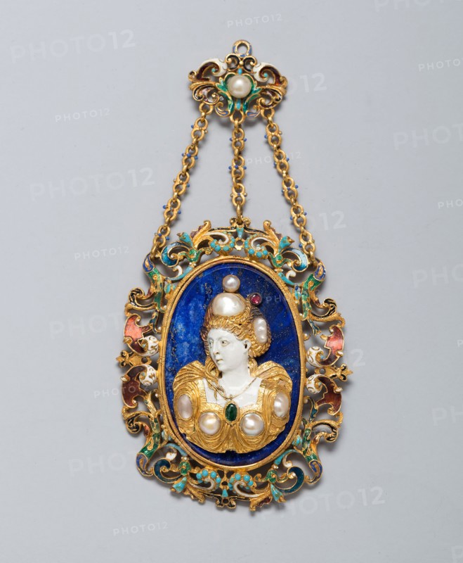 Pendant with the Bust of a Woman, 1550/1600 with 19th–century additions, Northern European, France, Gold, enamel, lapis lazuli, and pearls, 10.5 × 5.1 cm (4 1/8 × 2 1/16 in.)