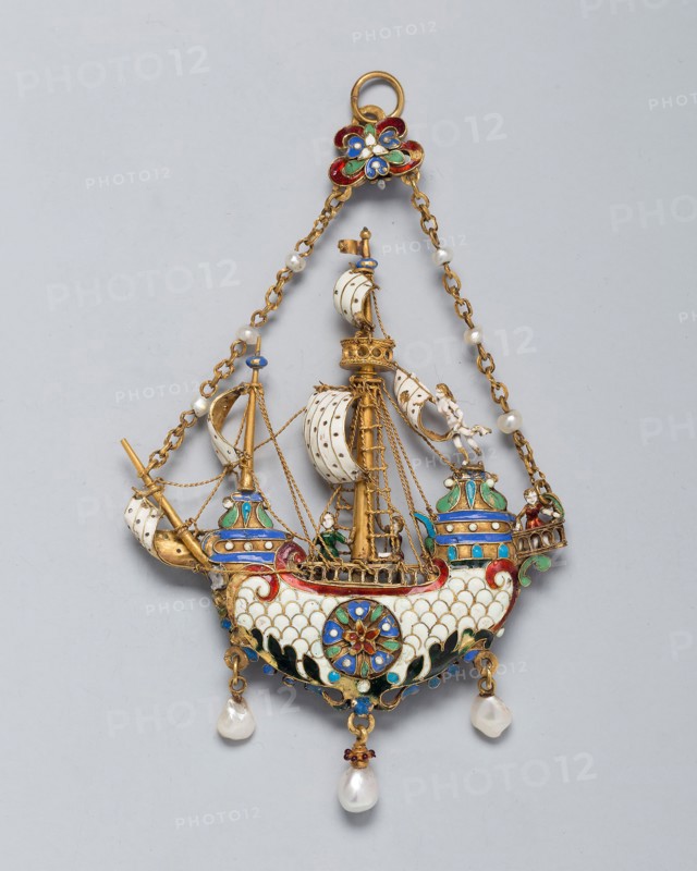 Pendant Shaped as a Ship, c. 1870/90, Designed by Reinhold Vasters (German, active 1853-90), probably made by him or possibly by Alfred André (French, 1839-1919), Germany, Gold, enamel, and pearls, 10.5 x 6.5 cm (4 1/8 x 2 9/16 in.)