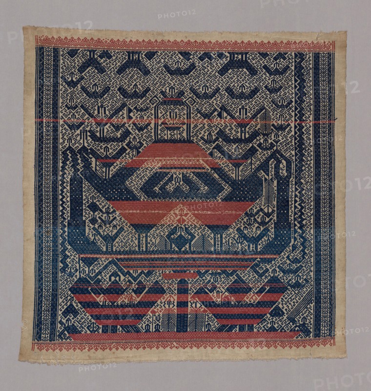 Tampan (Ceremonial Cloth), 19th century, Paminggir, Indonesia, South Sumatra, Lampung, Indonesia, Cotton and gilt-paper-strip-wrapped linen, plain weave with supplementary patterning wefts, 92 x 90.8 cm (36 1/4 x 35 3/4 in.)