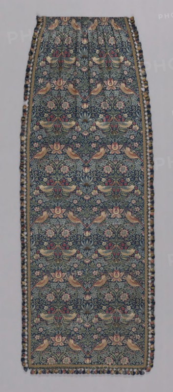 Strawberry Thief (Furnishing Fabric), 1883 (produced 1890s), Designed by William Morris (English, 1834–1896), Produced by Morris & Company (English, 1875–1940), Woven and printed at Merton Abbey Works, England, Surrey, Wimbledon, England, Cotton, plain weave, block printed, wool trim with tassels, 283 × 106 cm (111 1/2 × 41 3/4 in.)
