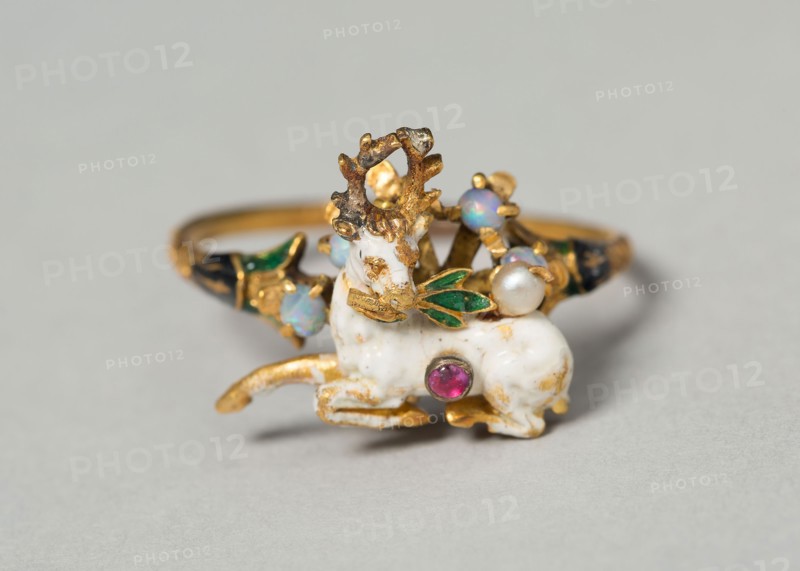 Stag with Herb Branch Mounted as a Ring, 1550/1600, German or French, Germany, Gold, enamel, ruby, opals, and pearls, Diameter: 2.2 cm (13/16 in.)