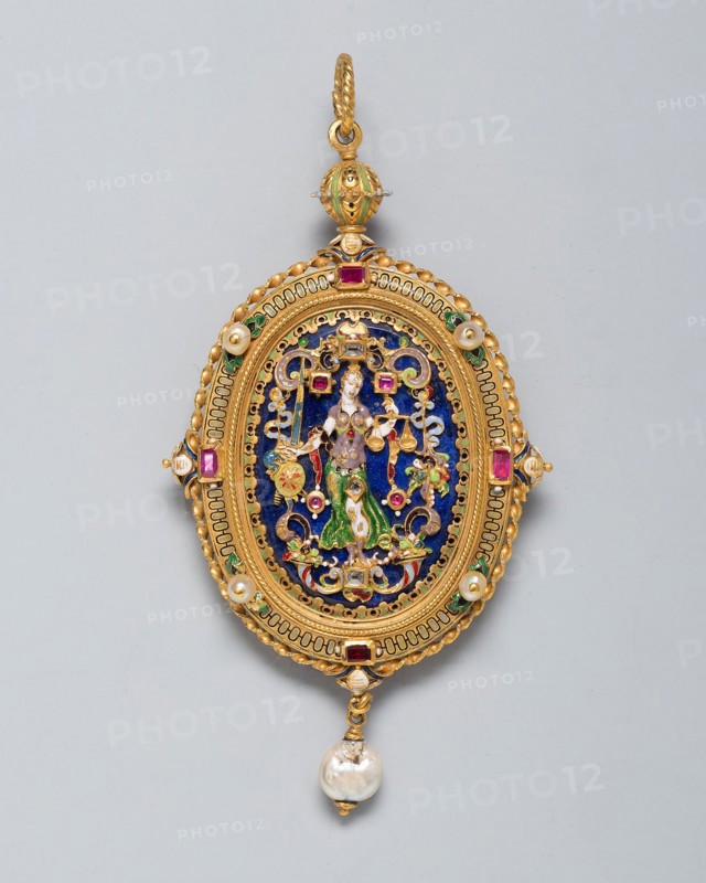 Pendant with Figure of Justice, 1850/1900, Northern European, Europe, northern, Gold, enamel, lapis lazuli, rubies, pearls, and diamonds, 9.4 × 5.1 cm (3 11/16 × 2 in.)