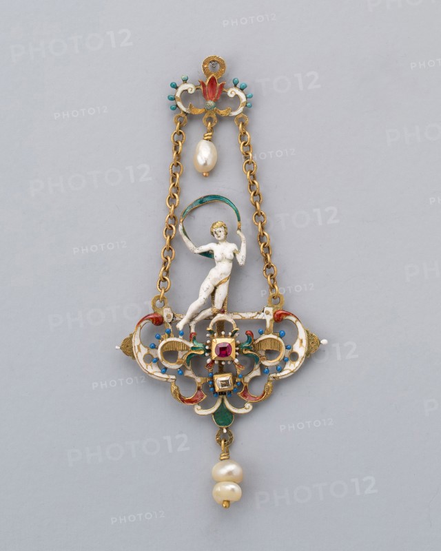 Pendant with Figure of Fortune, late 19th century, Northern European, possibly Austrian (Vienna), Vienna, Gold, enamel, diamond, ruby, and pearl, 11.7 x 4.4 cm (3 11/16 x 2 in.)