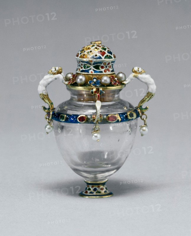 Casting Bottle, probably late 19th century, Northern European, Europe, Gold, rock crystal, enamels, rubies, emeralds, and pearls, 5.6 × 4.2 cm (2 3/16 × 1 11/16 in.)