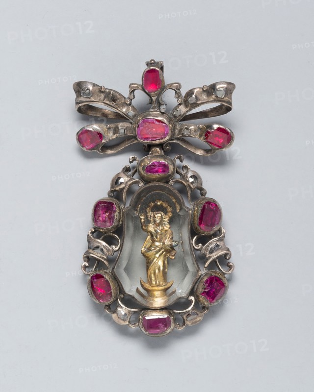 Pendant with the Virgin, or Faith, Triumphant, 1650/1700, Spanish, Spain, Silver, silver gilt, rubies, diamonds, and glass, 5.2 × 3 cm (2 1/16 × 1 3/16 in.)
