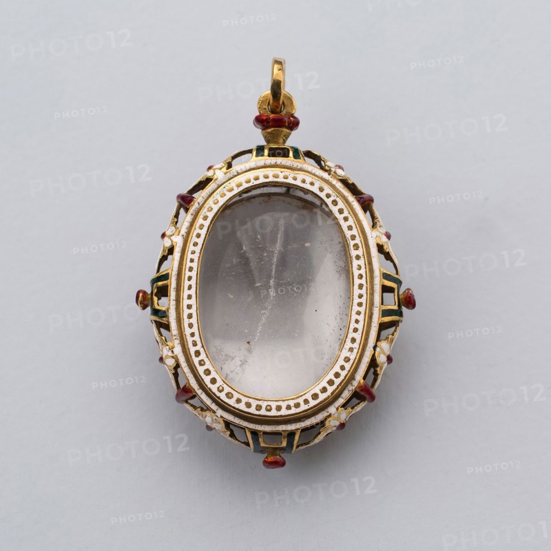 Pendant, 17th century, Spanish, Spain, Enameled gold and rock crystal (missing interior image), 6.2 x 4.5 cm (2 7/16 x 1 3/4 in.)