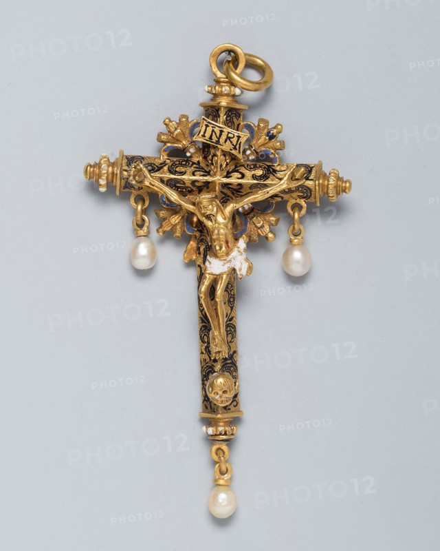 Double-Sided Crucifix Pendant, 15575/1600, Spanish, Spain, Gold, enamel, and pearls, 10.1 × 5.4 cm (4 × 2 1/8 in.)