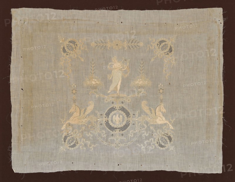 Panel, 1804/15 or 1852/70, After designs by Charles Percier (French, 1764–1838) and Pierre François Leonard Fontaine (French, 1762–1853), France, Linen, plain weave, cotton embroidery thread, 52.7 × 68.1 cm (20 3/4 × 26 3/4 in.)