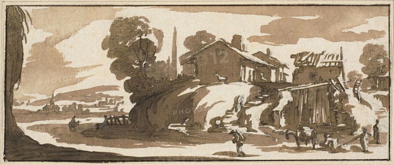 A Farm, c. 1630, Jacques Callot, French, 1592-1635, France, Brush and brown wash with black chalk on ivory laid paper, 90 × 220 mm