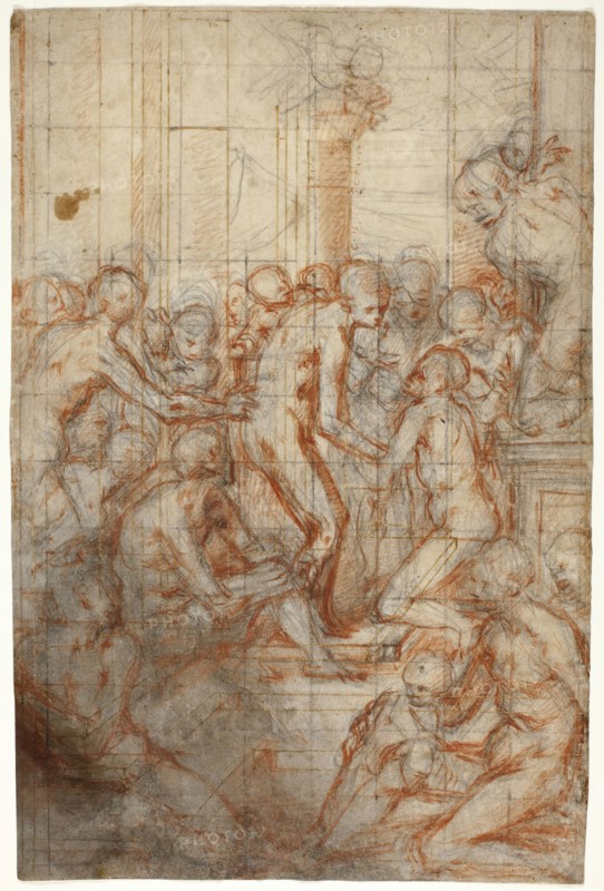 Study for the Purification of the Virgin, c. 1577, Giovanni Battista Naldini, Italian, 1537-1591, Italy, Red and black chalk with stumping, and incising, over pen and brown ink, on ivory laid paper, squared in black chalk, 409 x 272 mm (max.)