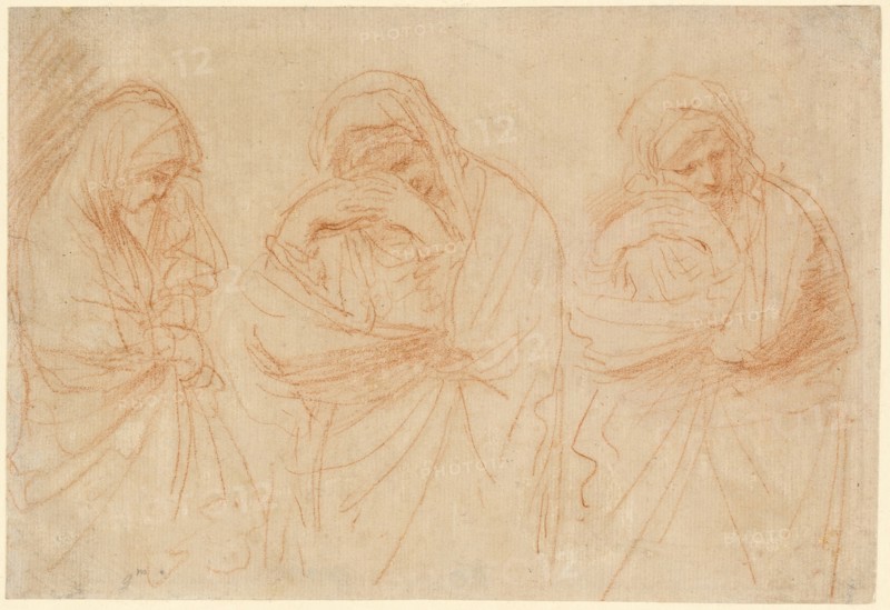 Madonna Mourning: Studies for the Entombment of Christ, c. 1656, Giovanni Francesco Barbieri, called Guercino, Italian, 1591-1666, Italy, Red chalk on ivory laid paper, 168 x 272 mm