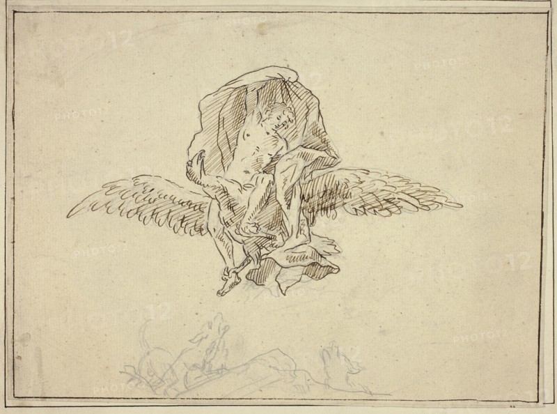 Rape of Ganymede, n.d., Unknown Artist, Dutch, 17th century, Netherlands, Pen and brown ink, over graphite, on off-white laid paper, tipped onto board, 190 x 258 mm