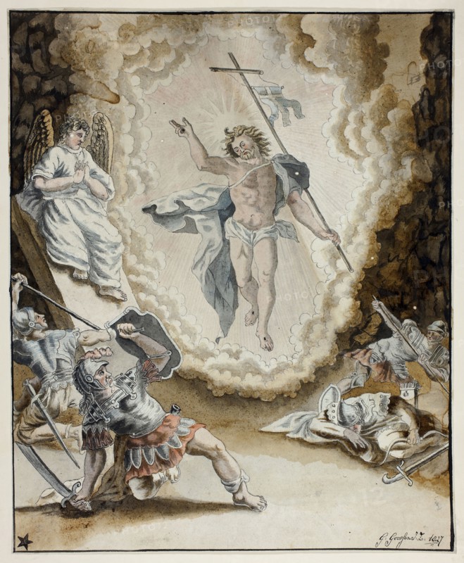 Resurrection of Christ, 1827, Gerardus Gossen (Dutch), after Jacopo Negretti, called Palma il Giovane (Italian, c. 1548-1628), Holland, Pen and gray ink, with watercolor, over traces of graphite, on ivory wove paper, tipped onto card, 321 x 264 mm