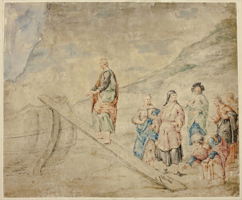 Man Mounting Plank to Boat, 1660/69, after Leonard Bramer, Dutch, 1596-1674, Netherlands, Pen and ink and watercolor on tan wove paper, laid down on card, 270 x 327 mm (image), 413 x 469 mm (sheet)