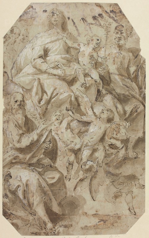 Madonna and Child with Saints, n.d., Attributed to Giovanni Battista Carlone, Italian, 1592-1677, Italy, Pen and brown ink with brush and brown wash, heightened with lead white (partly discolored), over red chalk, on blue laid paper, tipped onto ivory wove paper, 273 x 168 mm