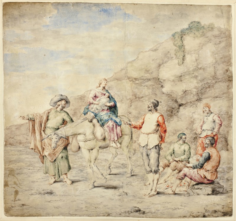 Holy Family Passing Four Men, 1660/69, Attributed to Leonard Bramer, Dutch, 1596-1674, Netherlands, Pen and ink and watercolor on cream laid paper (blue wash in background) laid down on paper, 322 x 346 mm (image), 425 x 465 mm (sheet)