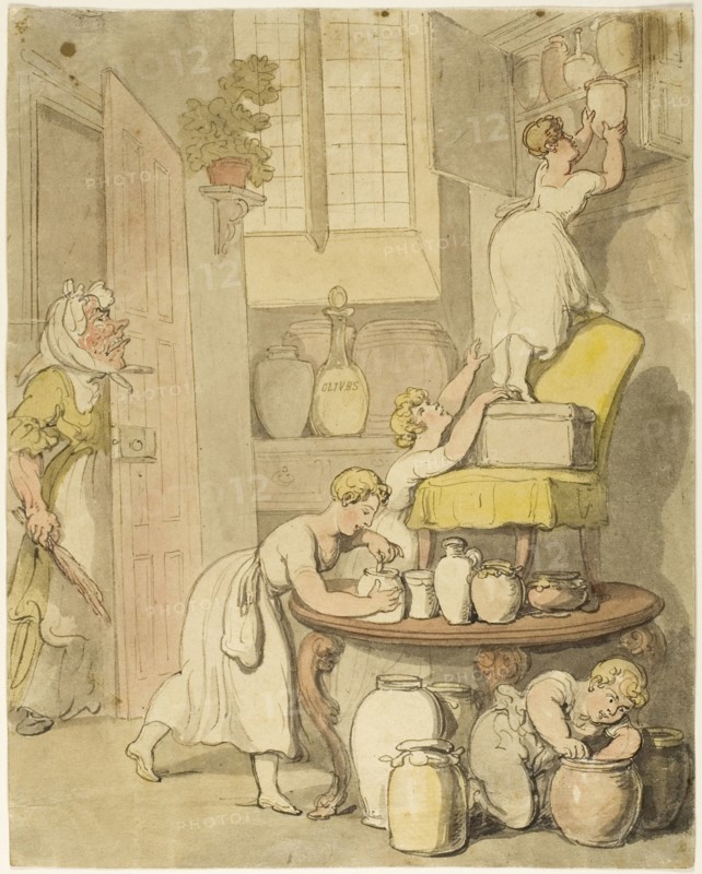 Stealing the Preserves, 1815/20, Thomas Rowlandson, English, 1756-1827, England, Pen and red and black ink, with brush and  watercolor, over traces of graphite, on ivory wove paper tipped onto cream wove paper, 275 × 220 mm