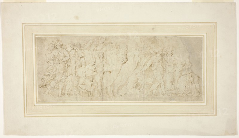 Procession of Figures and Oxen, 1549/53, Attributed to Girolamo Sellari, called Girolamo da Carpi, Italian, 1501-1556, Italy, Pen and brown ink on ivory laid paper, laid down on ivory laid paper, 127 x 325 mm