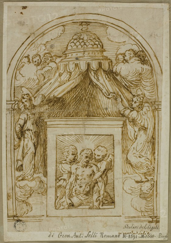 Tabernacle with Man of Sorrows, c. 1535, Circle of Domenico Campagnola, Italian, c. 1500-1564, Italy, Pen and brown ink on ivory laid paper, laid down on ivory wove paper, 188 x 128 mm