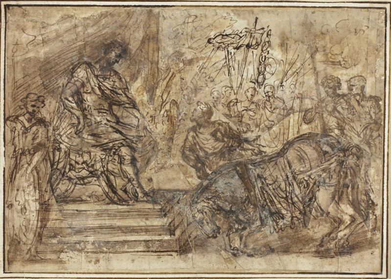 Caligula Appointing His Horse Incitatus to the Consulship, n.d., Style of Pietro da Cortona, Italian, 1596-1669, Italy, Pen and brown ink with brush and brown wash, on collage of ivory wove papers, laid down on ivory laid paper, 156 x 225 mm