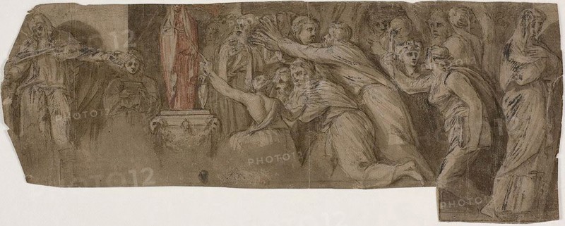 Story of Niobe: Priests and Worshippers before a Statue of Niobe, n.d., After Polidoro Caldara, called Polidoro da Caravaggio, Italian, c. 1499-c. 1543, Italy, Pen and brown ink with brush and brown and red wash, heightened with lead white (oxidized), over black chalk, on tan laid paper, 139 x 351 mm (max.)