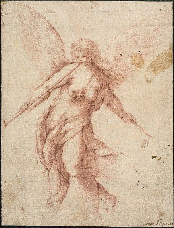 Fame Blowing on a Trumpet, n.d., Jacopo Negretti, called Palma il Giovane, after, Italian, c. 1548-1628, Italy, Red chalk on ivory laid paper, laid down on card, 268 x 205 mm