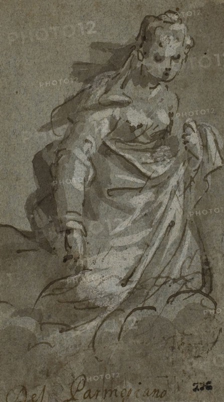 Kneeling Cloud-borne Female Figure (the Magdalene?) (recto), Figure Sketches (verso), n.d., Italian, Late 16th Century, Italy, Pen and brown ink with brush and gray wash, heightened with lead white (recto), and pen and brown ink (verso), on blue laid paper, laid down on cream laid paper, 126 x 71 mm