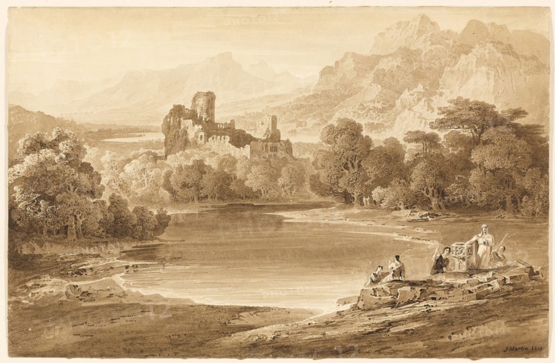 Landscape with a Ruined Castle, 1819, John Martin, English, 1789-1854, England, Brush and brown ink and wash, over traces of graphite on cream wove paper, laid down on tan board, 251 × 387 mm