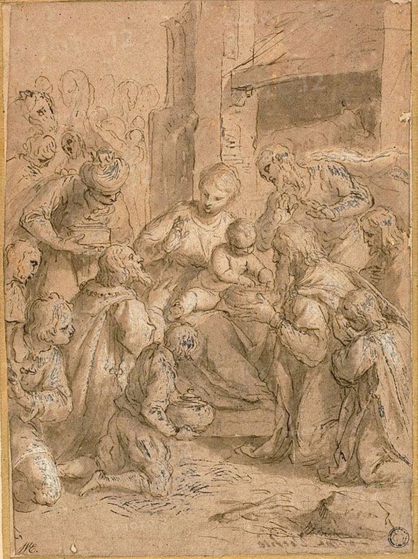 Study for the Adoration of the Magi, 1612, Jacopo Negretti, called Palma il Giovane, Italian, c. 1548-1628, Italy, Pen and brown ink, with brush and brown wash, heightened with lead white (partially oxidized) over traces of black chalk, on tan laid paper, laid down on cream wove card, 280 x 205 mm