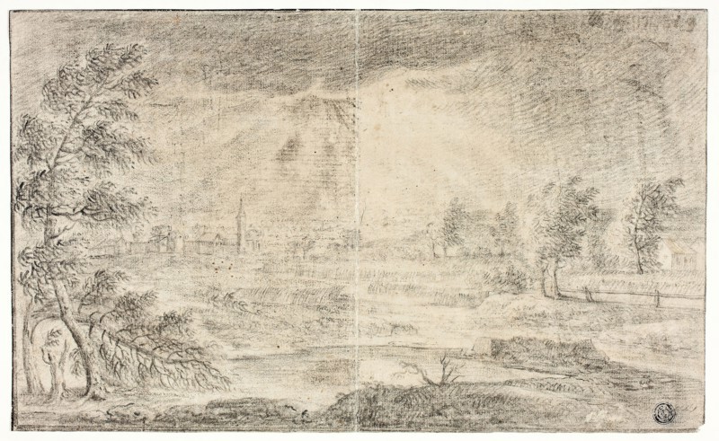 Landscape with Village, 1720, Unknown Artist, Netherlandish, 18th century, Netherlands, Black chalk on cream laid paper, 91 x 315 mm