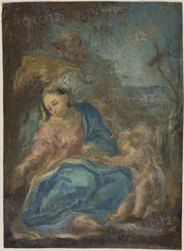 Rest on the Flight into Egypt (recto), Madonna of the Rosary (verso), n.d., After Federico Barocci, Italian, c. 1535-1612, Italy, Oil paint (recto), and pen and black ink with off-set blue oil paint (verso), on tan laid paper, 322 x 236 mm (max.)