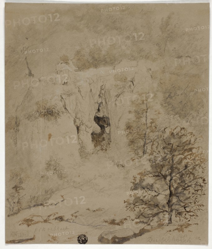 Rocky Landscape, 1832, Attributed to Barend Cornelis Koekkoek, Dutch, 1803-1862, Netherlands, Brush and brown wash and graphite on brown wove paper, 241 x 203 mm
