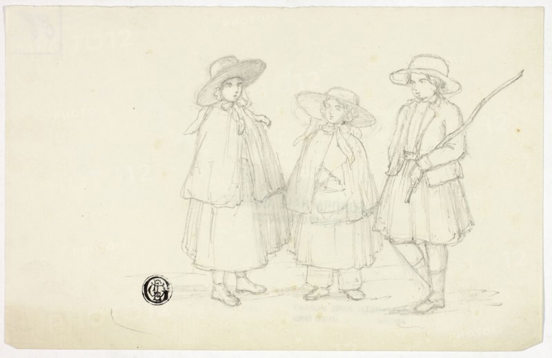 Three Little Girls, n.d., Elizabeth Murray, English, c. 1815-1882, England, Graphite on ivory laid paper, 114 mm × 180 mm
