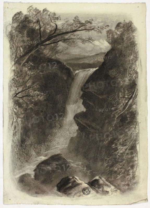 Mountain Waterfall, c. 1855, Elizabeth Murray, English, c. 1815-1882, England, Charcoal and scraping on ivory wove paper, 244 mm × 172 mm