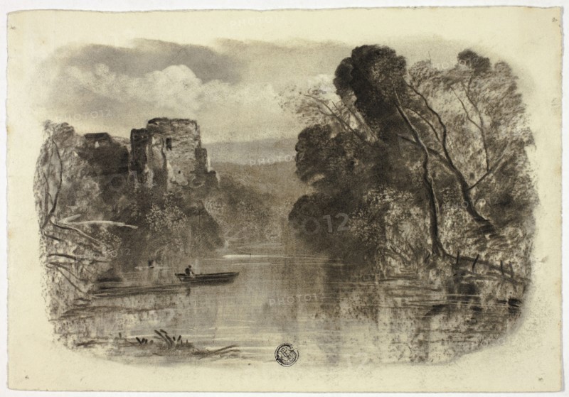 River with Castle Ruin and Boat I, c. 1855, Elizabeth Murray, English, c. 1815-1882, England, Charcoal with stumping and scraping on ivory wove paper, 170 mm × 245 mm