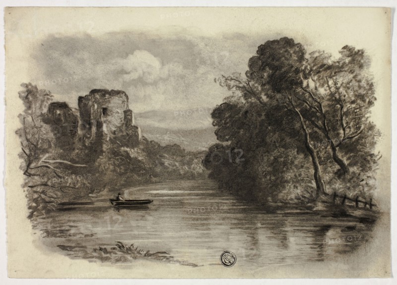 River with Castle Ruin and Boat II, c. 1855, Elizabeth Murray, English, c. 1815-1882, England, Charcoal and stumping and scraping, with  brush and black ink on ivory wove paper, 173 mm × 246 mm