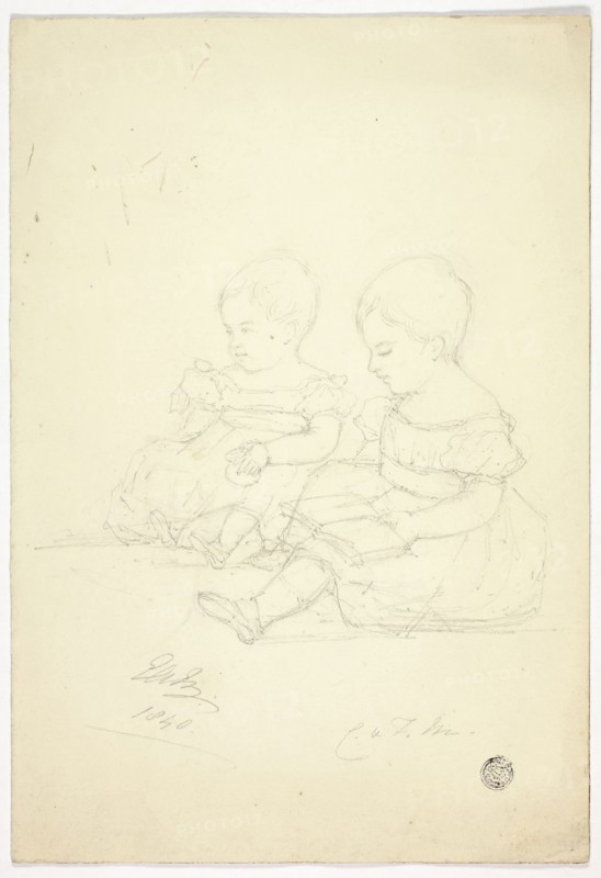 Two Seated Baby Girls (recto), a Still Life, and Two Animals (verso), 1840, Elizabeth Murray, English, c. 1815-1882, England, Graphite on folded cream wove paper, 268 mm × 366 mm