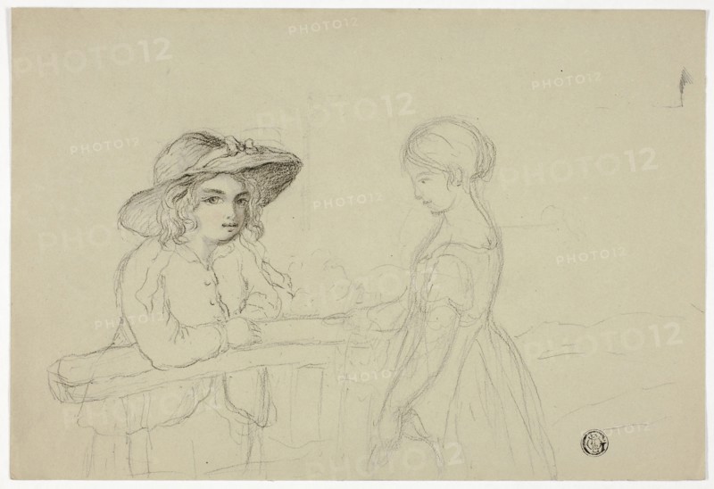 Two Girls at Gate, n.d., Elizabeth Murray, English, c. 1815-1882, England, Black chalk on gray wove paper, 176 mm × 260 mm