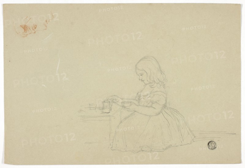 Young Girl Pouring Tea and Profile Sketch (recto), and Sketch of Italian City Street (verso), n.d., Elizabeth Murray, English, c. 1815-1882, England, Graphite and red chalk with traces of white chalk (recto), and graphite (verso), on gray wove paper, 175 mm × 260 mm