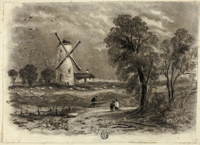 Landscape with Windmill, September 1850, Elizabeth Murray, English, c. 1815-1882, England, Charcoal and stumping and scraping with brush and black ink on ivory wove paper tipped onto board, 175 mm × 240 mm