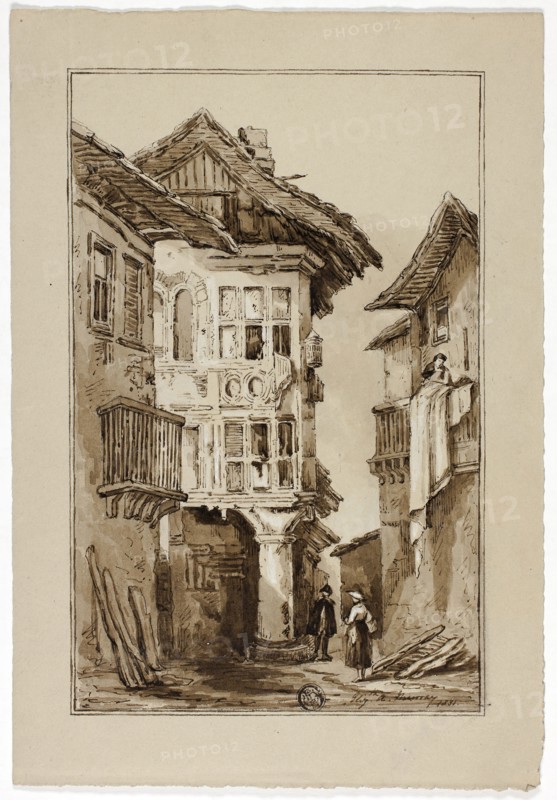 Rustic Street Scene, 1831, Elizabeth Murray, English, c. 1815-1882, England, Pen and brown ink and brush and brown wash, heightened with white gouache, over traces of graphite on brown wove paper, 274 mm × 188 mm